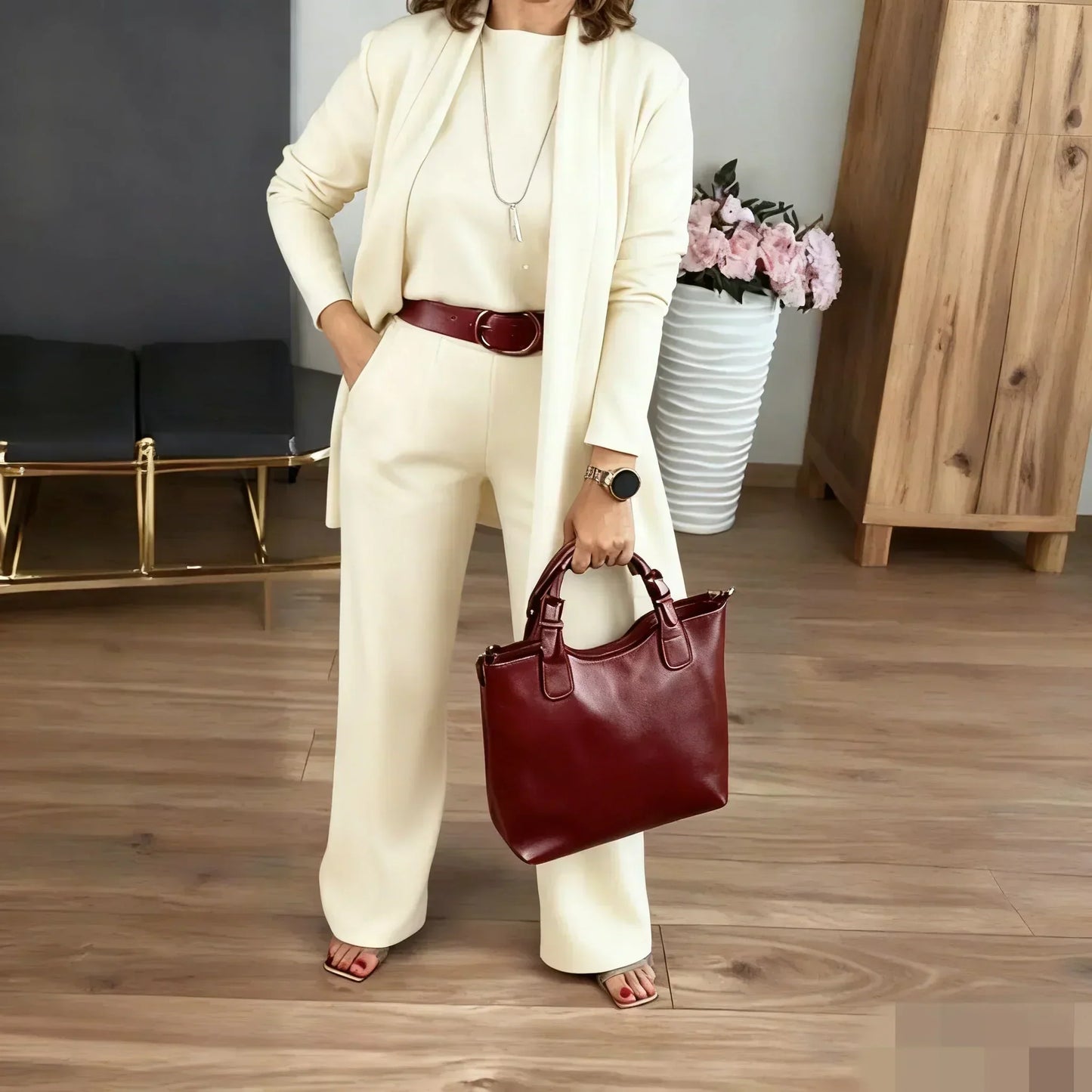⏳Zeitlich begrenztes Sonderangebot⏰ Elegantes 3-teiliges Set bestehend aus langem Cardigan, Oberteil und Hose💞