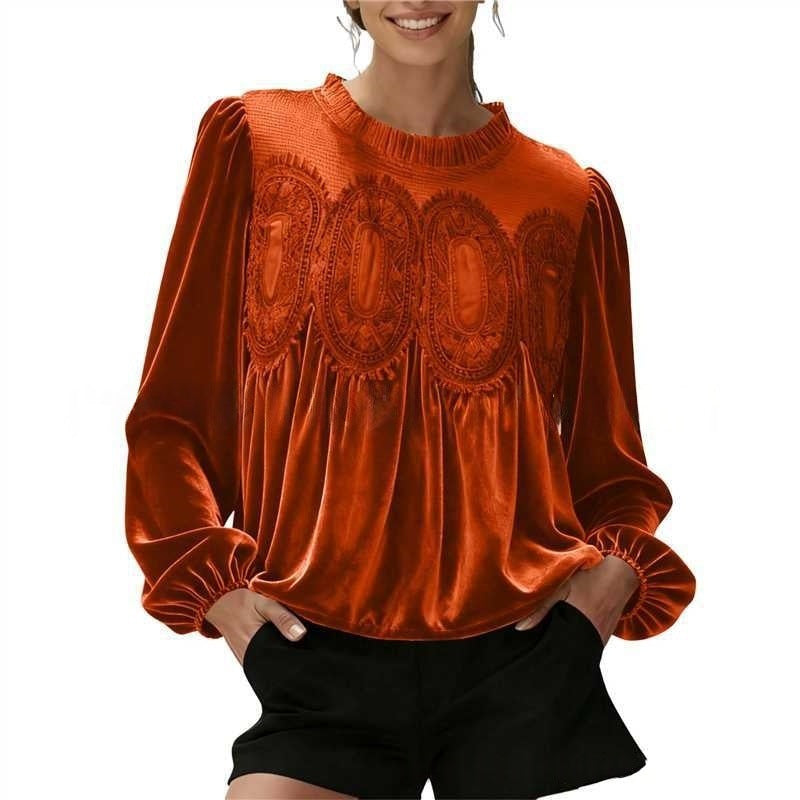 ✨ Elegante, ausgestellte Damenbluse mit langen Ärmeln aus Samt und Spitzenbesatz