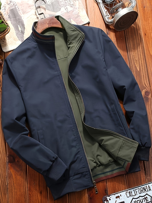 Herrenjacke Olivgrün – Zweifarbige Stehkragen-Jacke mit Reißverschluss