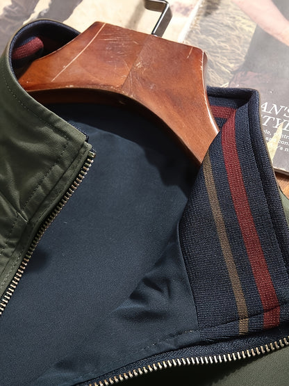 Herrenjacke Olivgrün – Zweifarbige Stehkragen-Jacke mit Reißverschluss