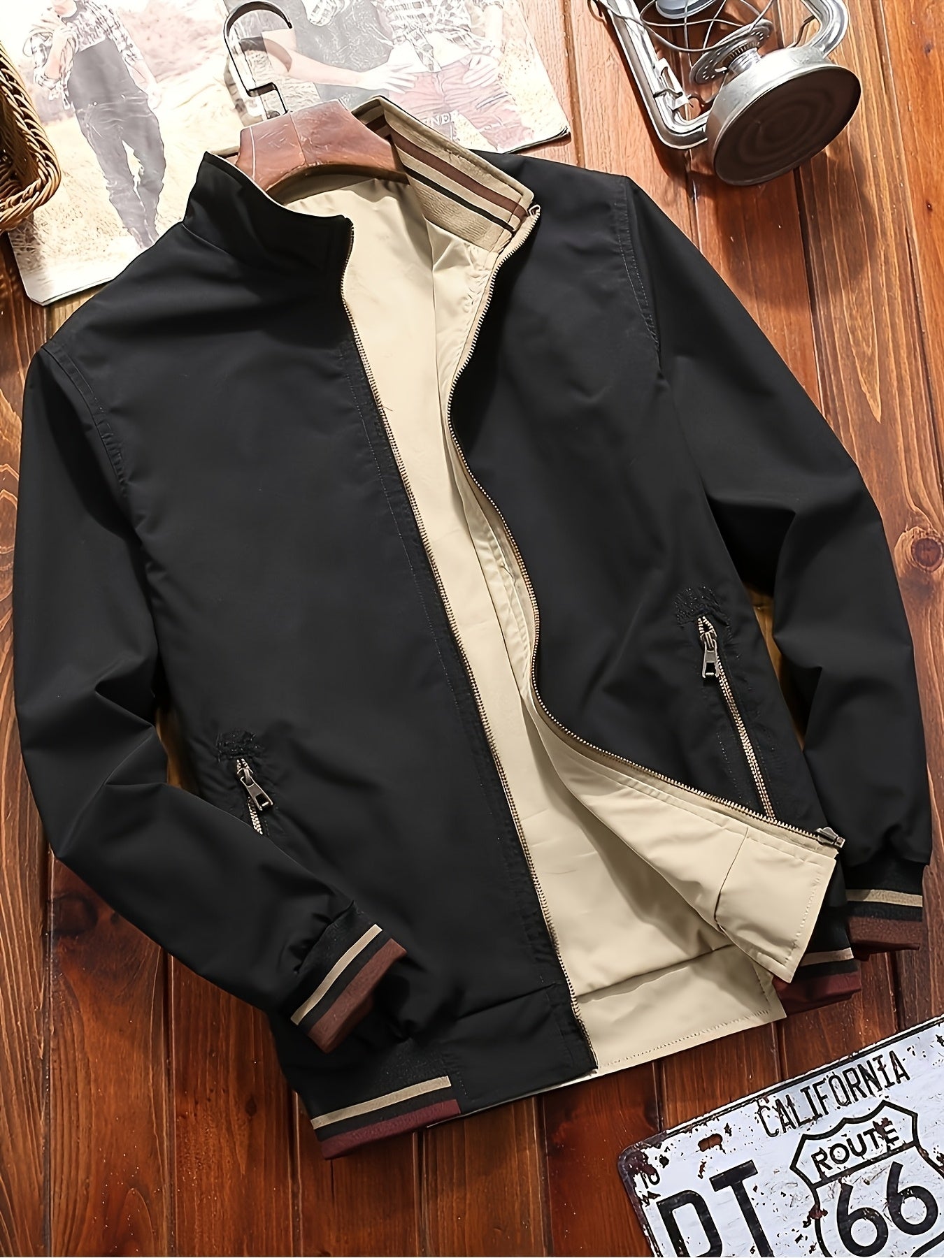 Herrenjacke Olivgrün – Zweifarbige Stehkragen-Jacke mit Reißverschluss