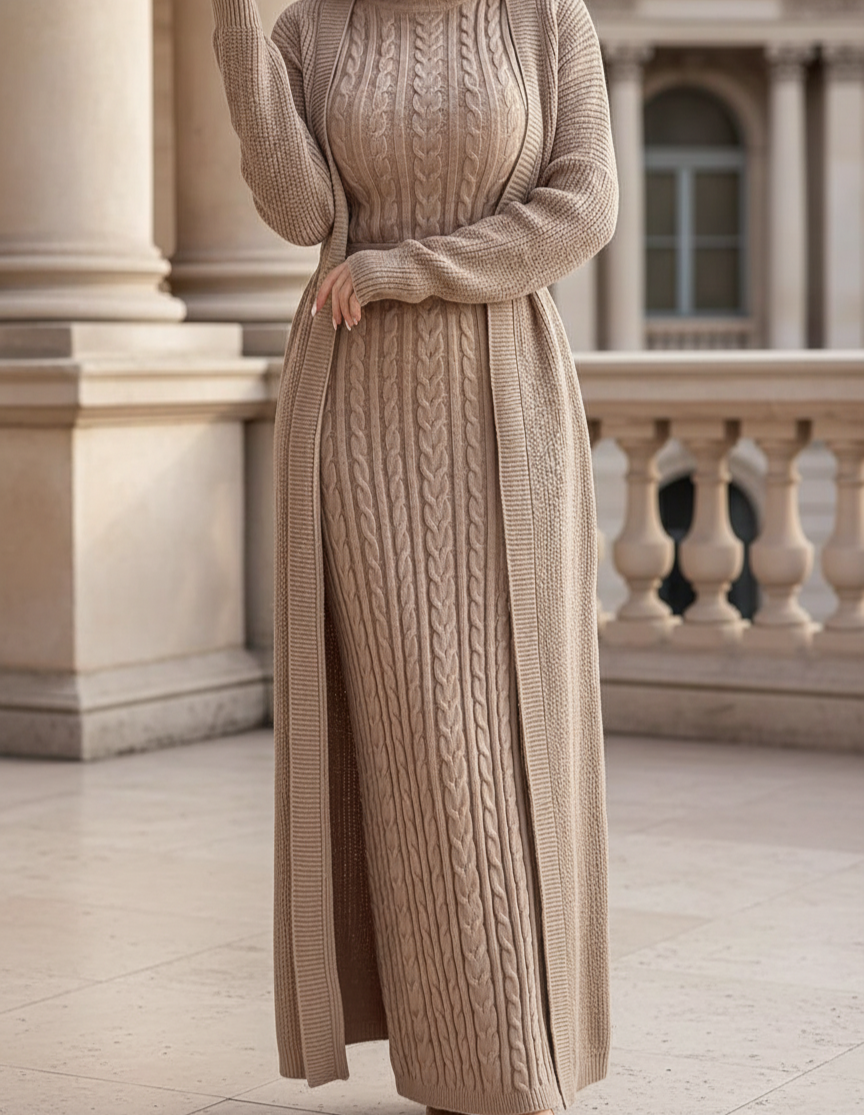 Premium Strickkleid-Set mit langärmligem Cardigan