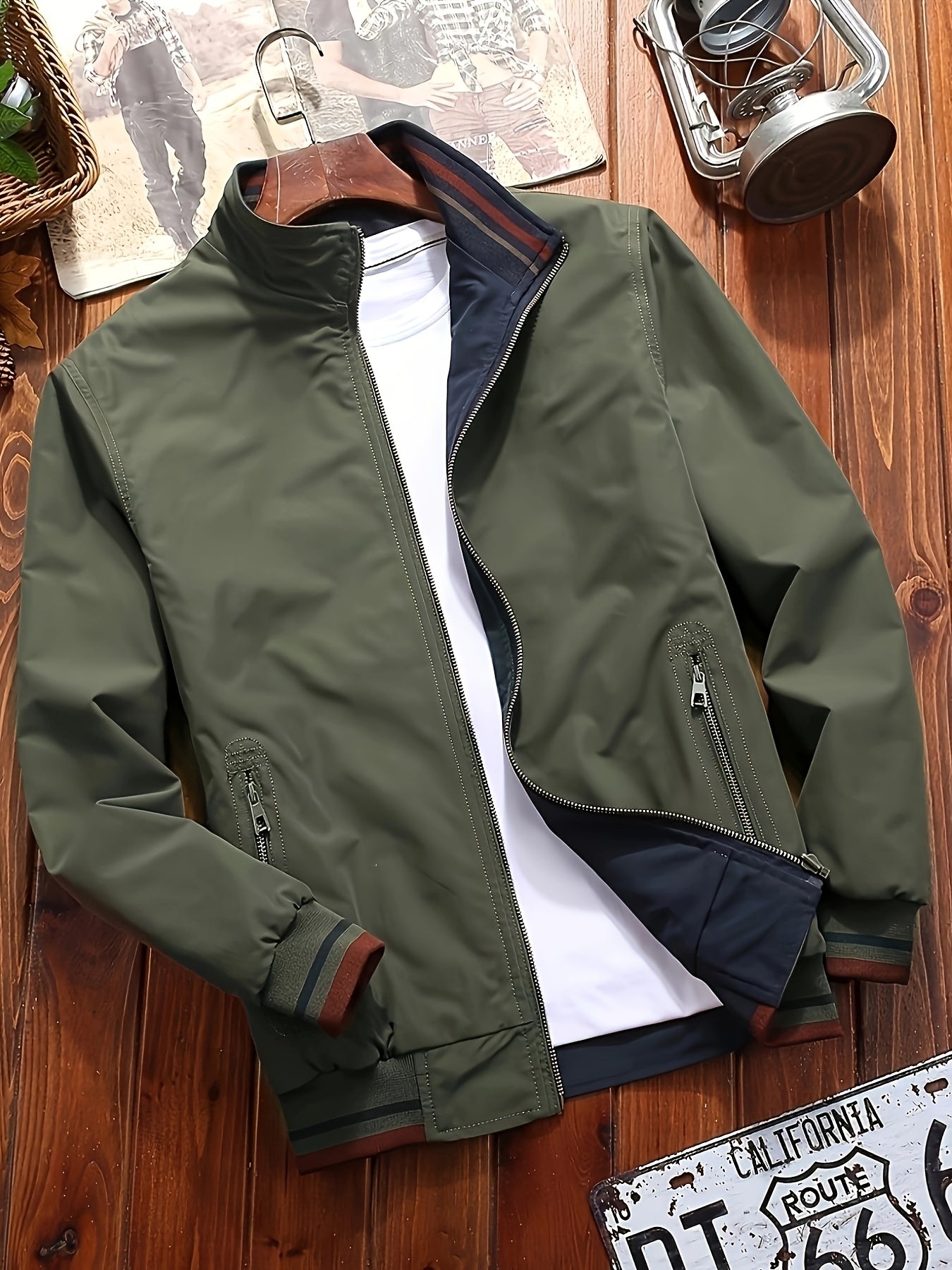 Herrenjacke Olivgrün – Zweifarbige Stehkragen-Jacke mit Reißverschluss