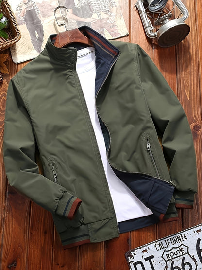 Herrenjacke Olivgrün – Zweifarbige Stehkragen-Jacke mit Reißverschluss