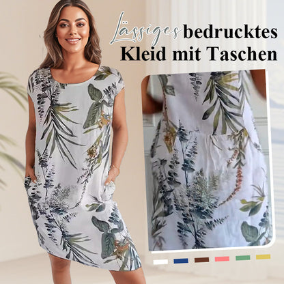 Bedrucktes ILEERA Damenkleid aus Baumwoll-Leinen – Vorderansicht