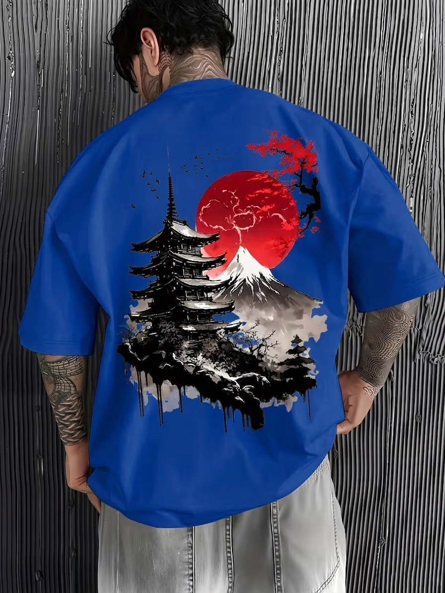 ILEERA Oversize-T-Shirt mit Japan-Art-Print in Blau – Rückseite