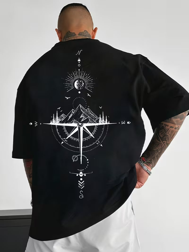 ILEERA Oversize-T-Shirt mit Kompass-Print in Schwarz – Rückseite