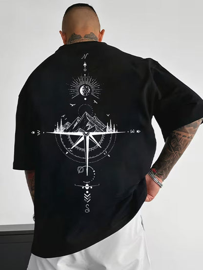 ILEERA Oversize-T-Shirt mit Kompass-Print in Schwarz – Rückseite