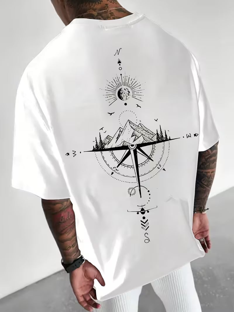 ILEERA Oversize-T-Shirt mit Kompass-Print in Weiß – Rückseite