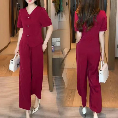 🌿✨Zweiteiliges Damen-Set aus kurzarm-Top mit V-Ausschnitt und weiter Hose💥💥Befristetes Angebot: 50% Rabatt auf Bestellungen