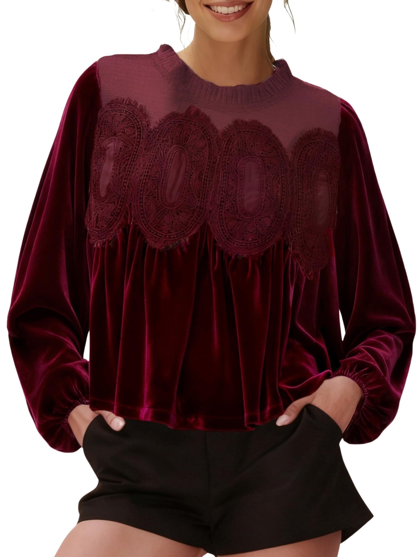 ✨ Elegante, ausgestellte Damenbluse mit langen Ärmeln aus Samt und Spitzenbesatz