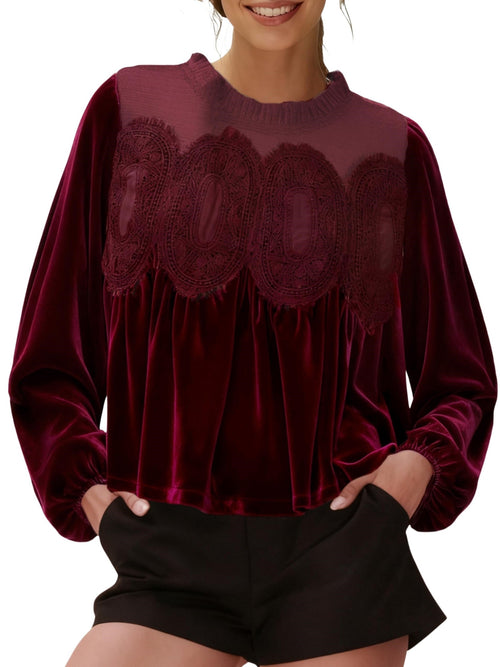 ✨ Elegante, ausgestellte Damenbluse mit langen Ärmeln aus Samt und Spitzenbesatz