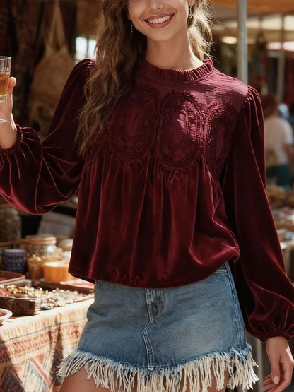 ✨ Elegante, ausgestellte Damenbluse mit langen Ärmeln aus Samt und Spitzenbesatz