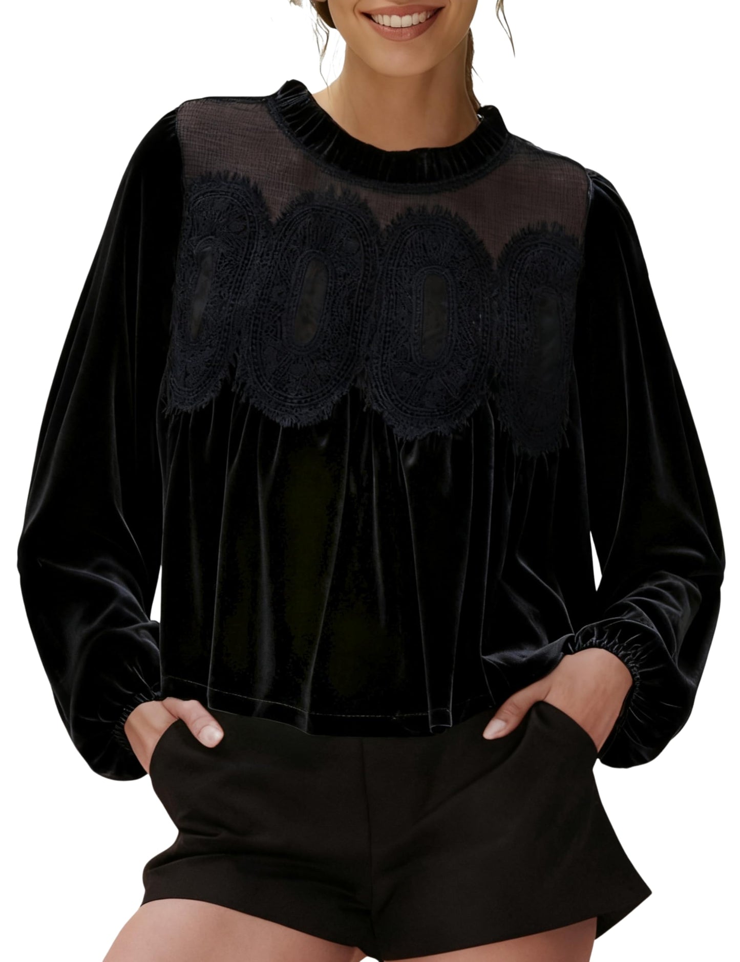 ✨ Elegante, ausgestellte Damenbluse mit langen Ärmeln aus Samt und Spitzenbesatz