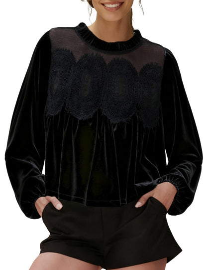 ✨ Elegante, ausgestellte Damenbluse mit langen Ärmeln aus Samt und Spitzenbesatz