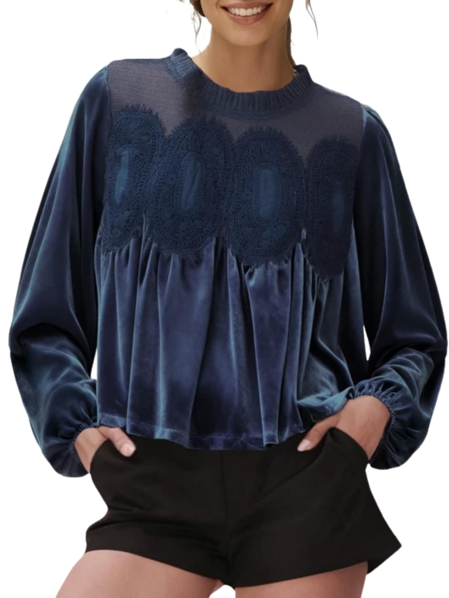 ✨ Elegante, ausgestellte Damenbluse mit langen Ärmeln aus Samt und Spitzenbesatz