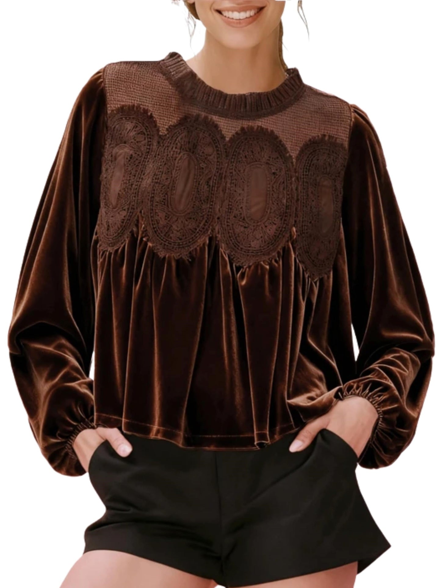 ✨ Elegante, ausgestellte Damenbluse mit langen Ärmeln aus Samt und Spitzenbesatz