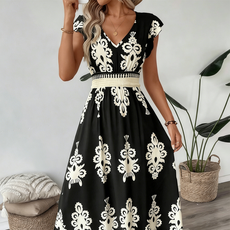 V-Ausschnitt Barock MaxiKleid – hochwertige Taille, knitterfreier Stoff