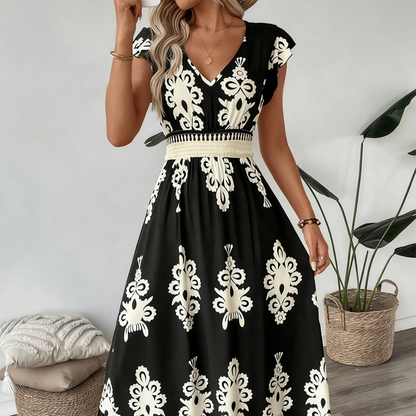 V-Ausschnitt Barock MaxiKleid – hochwertige Taille, knitterfreier Stoff