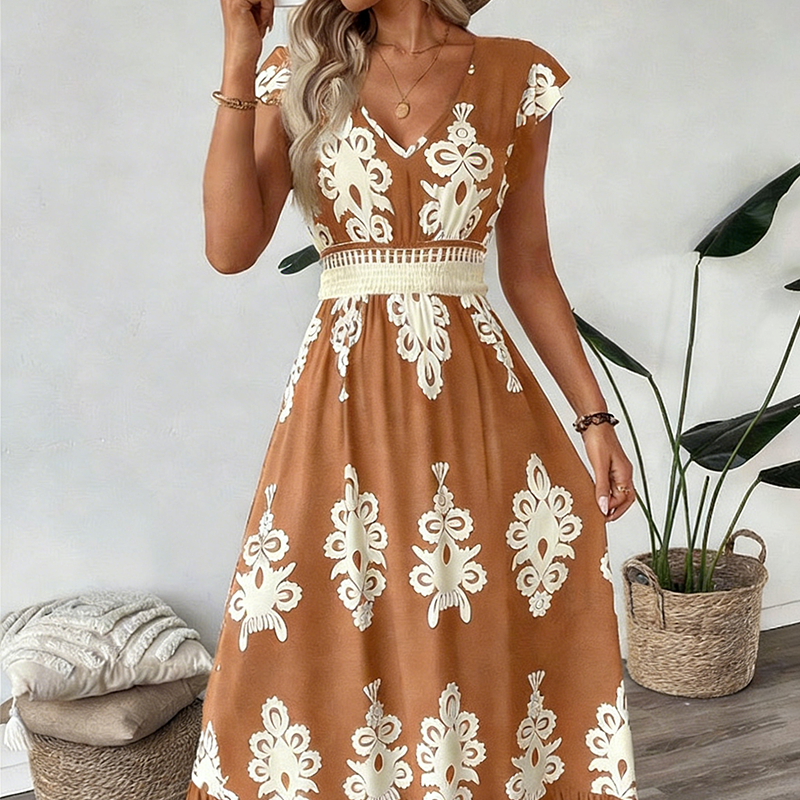V-Ausschnitt Barock MaxiKleid – hochwertige Taille, knitterfreier Stoff