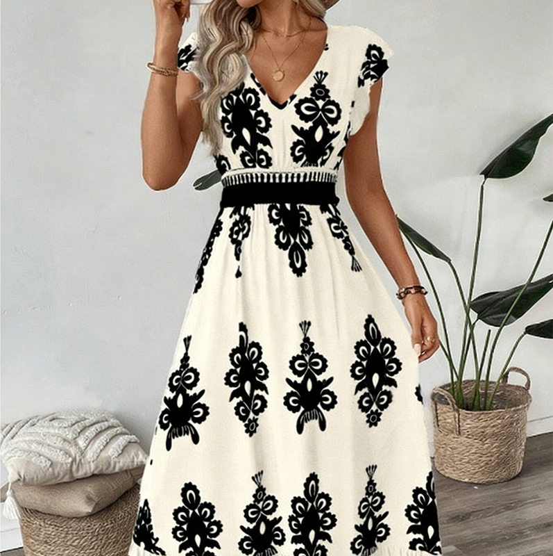 V-Ausschnitt Barock MaxiKleid – hochwertige Taille, knitterfreier Stoff
