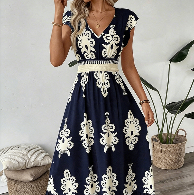 V-Ausschnitt Barock MaxiKleid – hochwertige Taille, knitterfreier Stoff