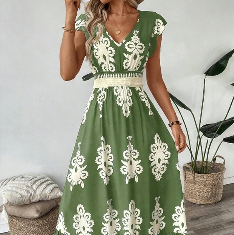 V-Ausschnitt Barock MaxiKleid – hochwertige Taille, knitterfreier Stoff