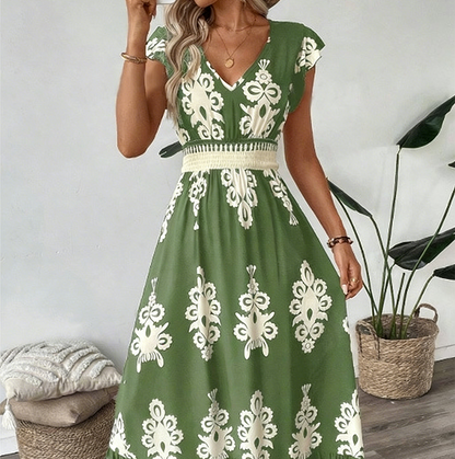 V-Ausschnitt Barock MaxiKleid – hochwertige Taille, knitterfreier Stoff
