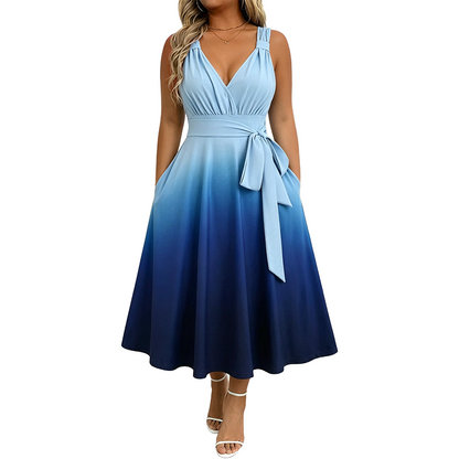 Elegantes Damenkleid mit V-Ausschnitt, Farbverlauf und Taschen