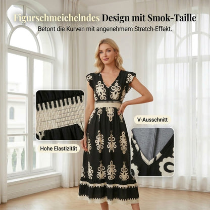 V-Ausschnitt Barock MaxiKleid – hochwertige Taille, knitterfreier Stoff